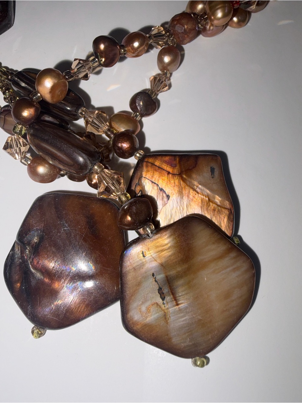 Vintage Y2K Brown Shell Pearl Multi Strand Lariat Statement Necklace Boho